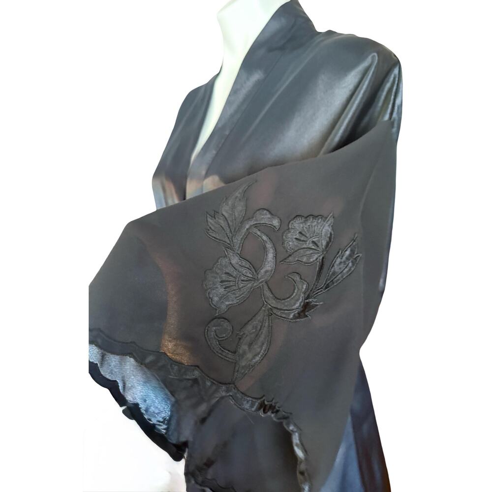 Vintage Val Mode 1980s Black Satin Marabou Feather Gown and Robe Set Medium - Picture 11 of 15